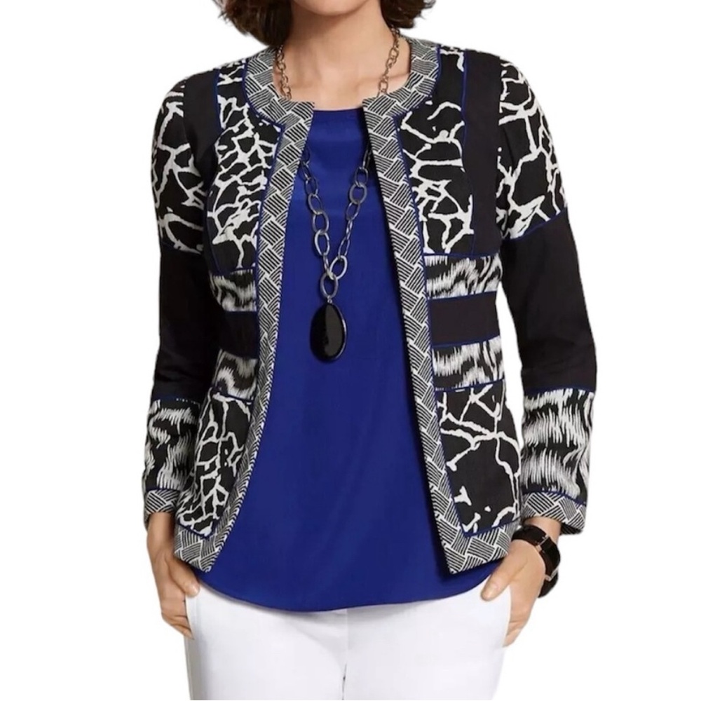Chico's Black And Blue Jacquard Art-to-Wear Open Front Blazer
Jacket Size 1